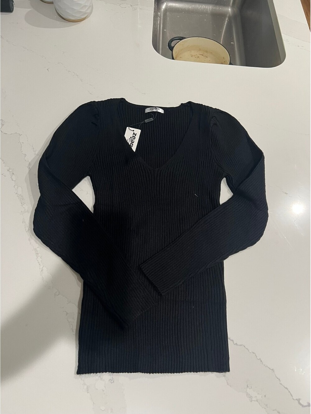 Zeagoo, Women's Black Ribbed Knit Top, Black Size Small